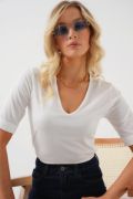 V Yaka Kısa Kol Basic Bluz 955 - Beyaz resmi